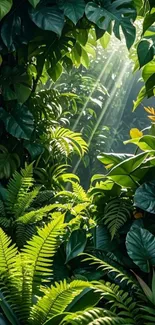 Sunlight filters through lush jungle foliage creating a serene natural scene.