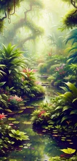 Lush green jungle wallpaper with vibrant plants and tranquil water stream.