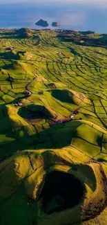 Aerial view of lush green landscape with vibrant rolling hills and distant ocean.