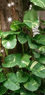 A vibrant green leaf wallpaper with sparkles against a tree trunk.