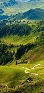 Lush green mountain landscape with rolling hills and forests.