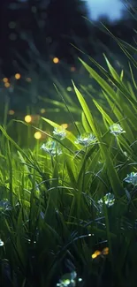 Green grass glowing in gentle light, with a serene and calming nature ambiance.