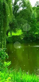 Serene green landscape with pond and lush trees.