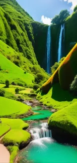 Lush green landscape with waterfall flowing gently into a peaceful stream.