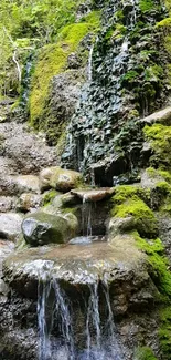 Lush green waterfall cascading over moss-covered rocks, creating a serene nature scene.