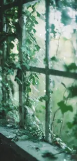 Rustic window with lush green vines creates a serene ambiance.