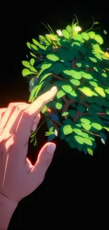 A hand touching vibrant green leaves on a dark background.