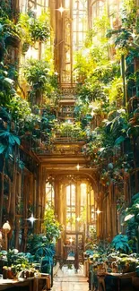 Serene greenhouse with lush plants and golden sunlight filtering through.