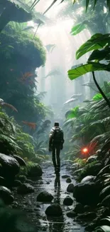 A lone traveler walking through a lush jungle pathway.