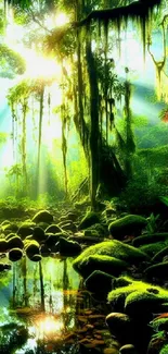 Lush green jungle scene with sunlit trees and a serene atmosphere.