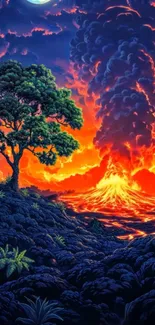 Illustration of a volcano erupting next to a vibrant tree at sunset.