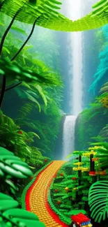 Lego jungle scene with waterfall and vibrant green foliage.