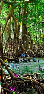 Intricate mangrove forest with vibrant greenery and roots over water.