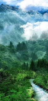 Lush green mountains with misty clouds and dense forest.