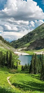 Serene mountain landscape with greenery and clear lake.