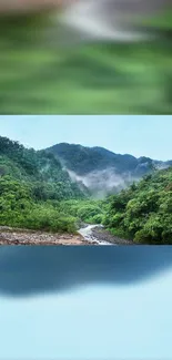 Lush green mountain landscape with stream.