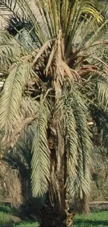 Lush palm tree with vibrant green fronds in natural setting.