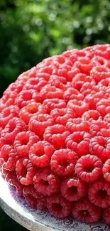 Lush raspberry-covered cake with green background.