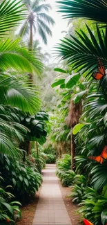 Lush green pathway with tropical plants and vibrant butterflies.