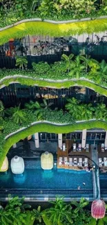 Vertical garden with terraces and pool.