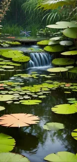 Serene waterfall with lush lilypads in a tranquil pond setting.