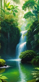 Tranquil waterfall in a lush jungle setting, perfect for mobile wallpaper.