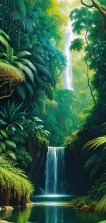 Lush jungle scene with waterfall backdrop in vibrant green tones.