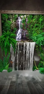 Lush waterfall surrounded by green foliage.