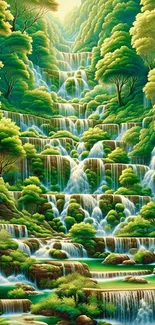 Scenic lush green waterfall cascading through a forest.