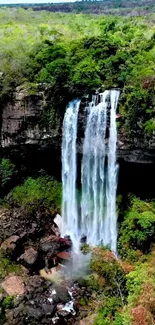 Vibrant green waterfall flowing through lush forest landscape.