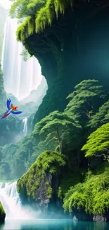 Tranquil jungle with a parrot and waterfall in lush green scenery.