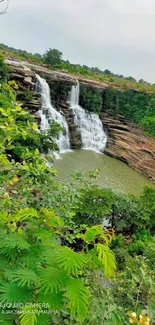 A lush green waterfall scene surrounded by vibrant foliage.