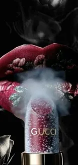 Luxurious floral lip art wallpaper with smoky accents.