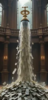 Luxurious money fountain in grand architectural setting.
