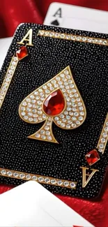 Luxurious Ace of Spades with sparkling jewels on a rich red background.