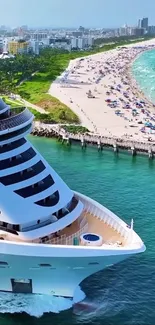 White cruise ship sailing past a crowded, sunny beach.