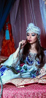 Elegant woman in Bedouin attire lounging in opulent setting.