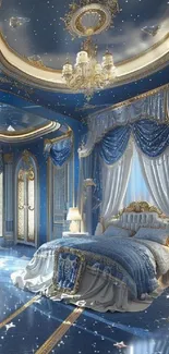 Luxurious fantasy bedroom with blue decor and golden accents.