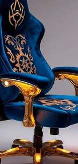 Luxurious blue gaming chair with gold accents in stylish design.