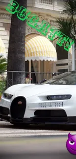 Luxury Bugatti parked on city street with sleek design.