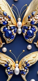 Luxurious gold and blue jeweled butterfly wallpaper for mobile devices.