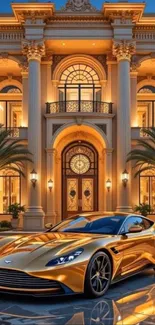 Golden sports car in front of luxurious mansion with palm trees at night.
