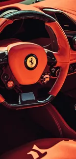 Luxurious car interior with orange leather steering wheel.