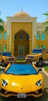 Luxurious yellow supercar and SUVs in front of a grand mansion with palm trees.