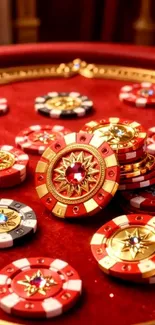 Luxurious arrangement of casino chips on a red table.