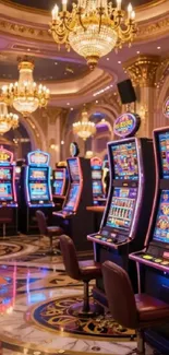 Luxurious casino floor with slot machines and chandeliers.