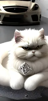 White cat with diamond pendant in front of luxury car.