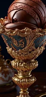 Golden ornate goblet with chocolate ice cream.