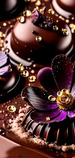 Luxurious chocolate with purple flowers design wallpaper.