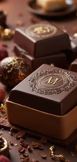 Luxurious chocolate squares with intricate designs.